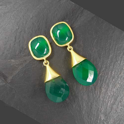 Grüne Achat Ohrringe 2 Steine Vergoldet